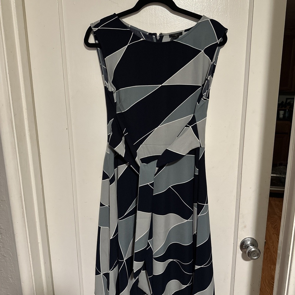 NWT Ann Taylor Size 10 blue gray geometric a-line with belt tie sleeveless